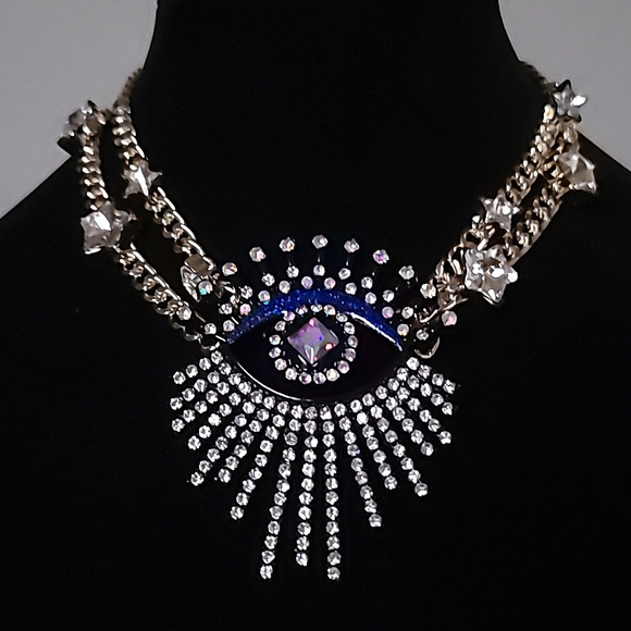 New! BETSEY JOHNSON Shine Bright Collection Evil Eye & Stars Statement Necklace. - Picture 4 of 12